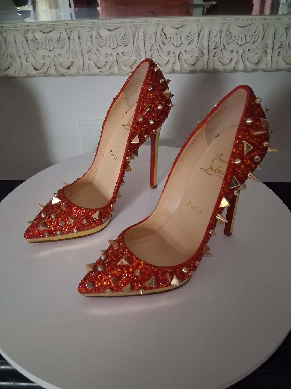 Christian Louboutin Red Studded Pointed-Toe Stiletto Heels - Picture 11 of 16